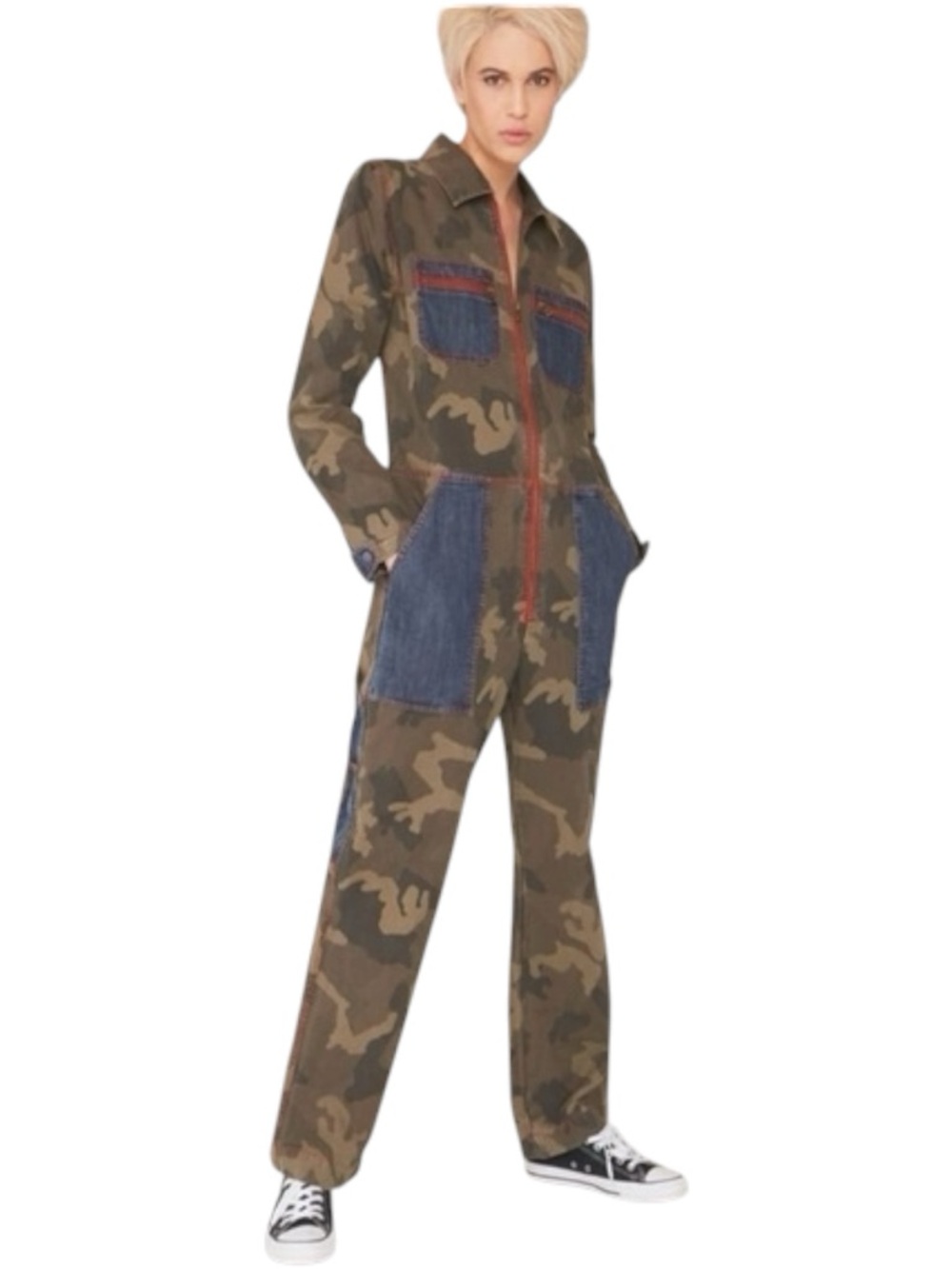 La Bohème Jonah Camo Jumpsuit Denim Patch Pocket Zip Front Utility NWT, Medium